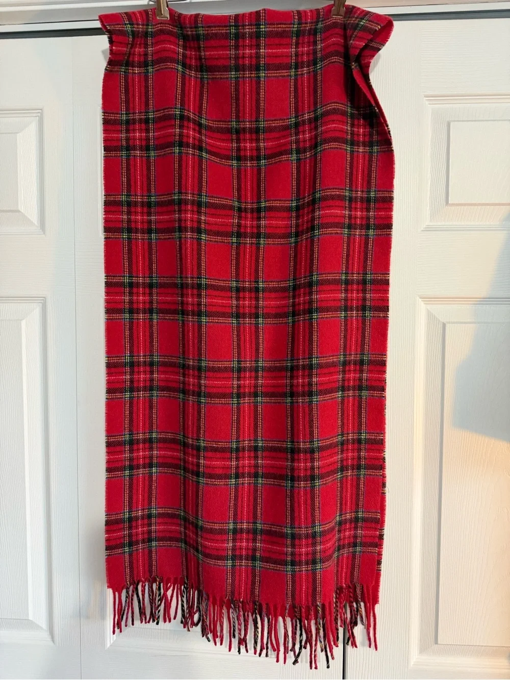 J.Crew Red Tartan Plaid Wool Scarf Made in Italy Fringe 77”x19”